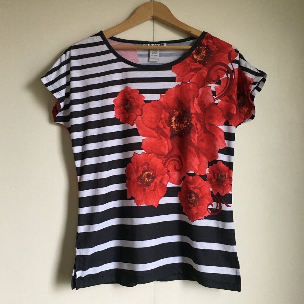 French Girl Cathy Daniels Striped Red Flower Print Graphic Tee S